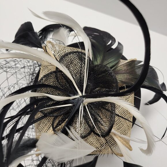 Black Headband Feathers Fascinator with Black netting on Headband - Picture 14 of 15